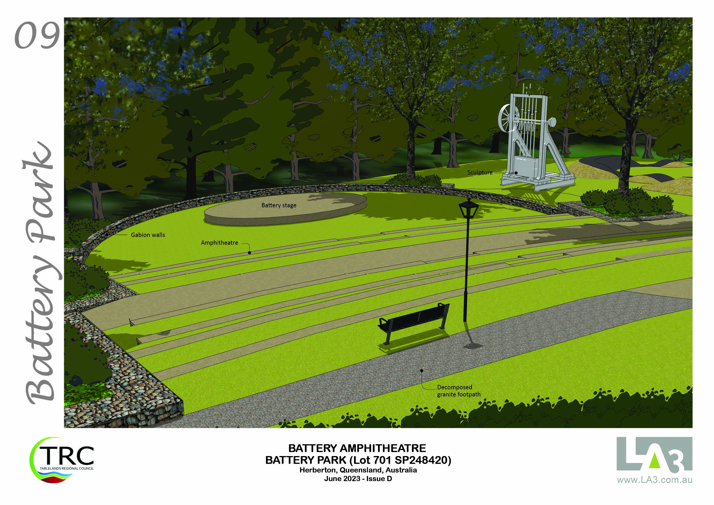 An artist impression of a stage and sculpture at Herberton Battery Park