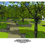 An artist impression of footpaths, a sculpture and a stage at Herberton Battery Park