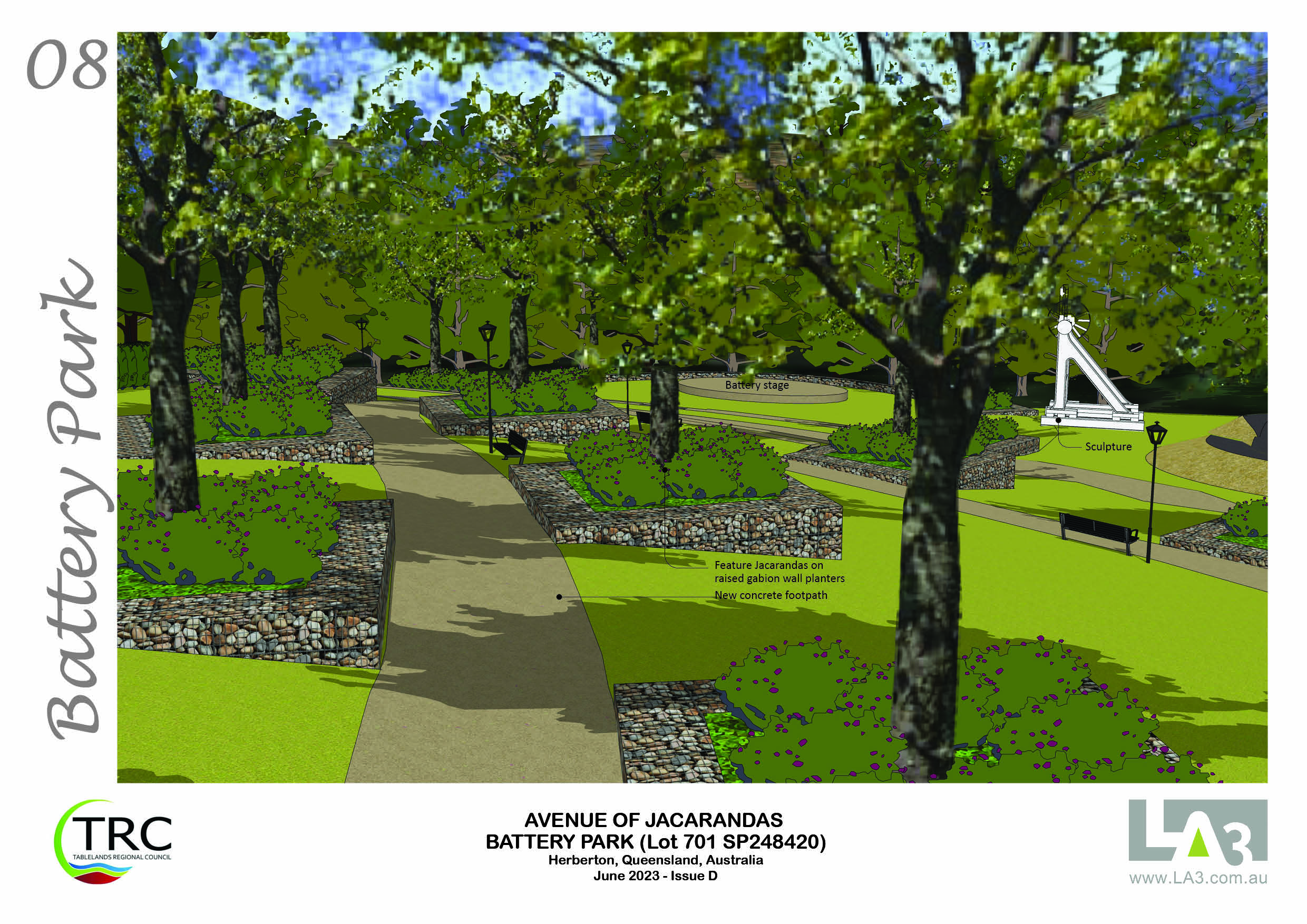 An artist impression of footpaths, a sculpture and a stage at Herberton Battery Park