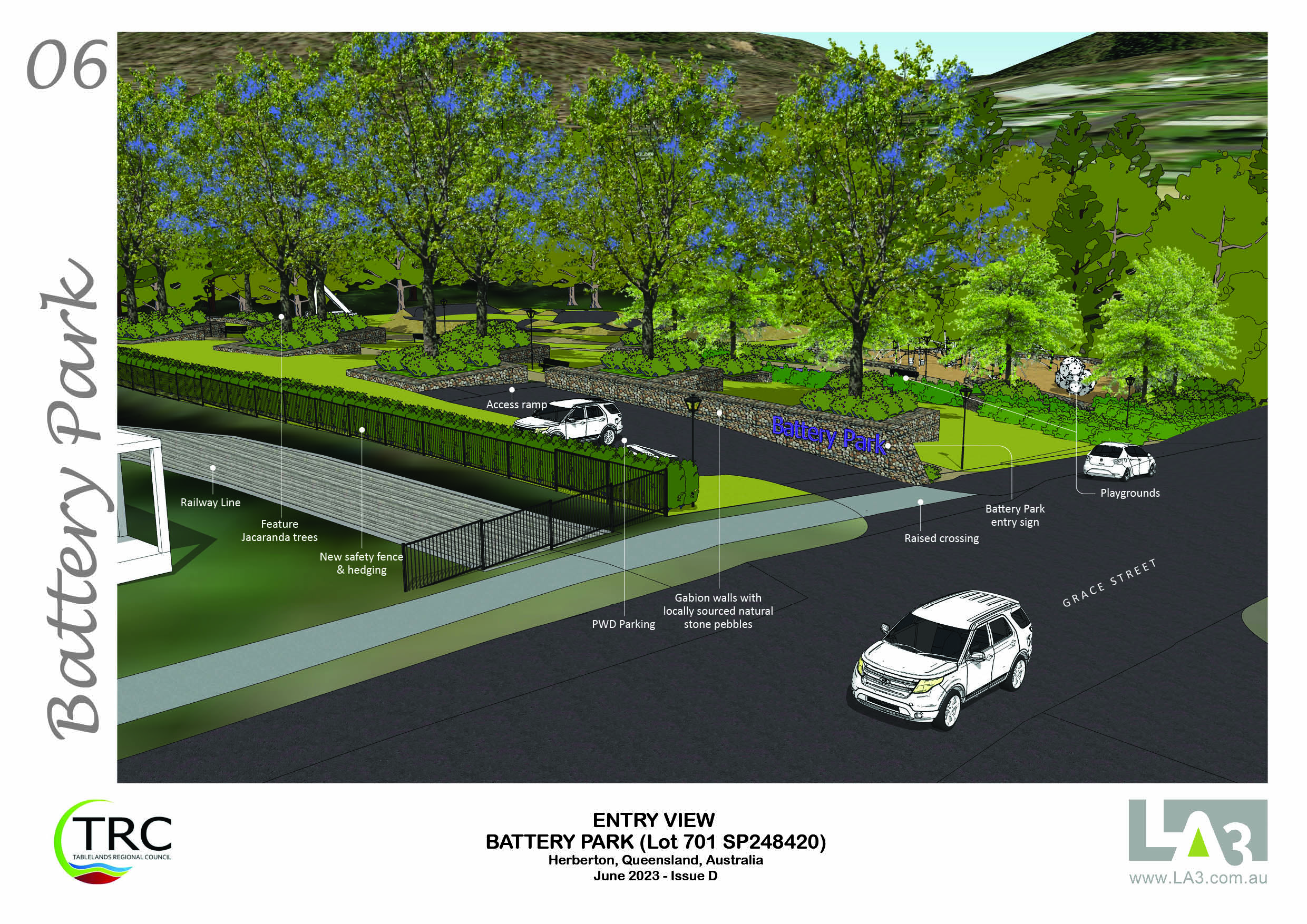 An artist impression of a road, car park and footpaths at Herberton Battery Park