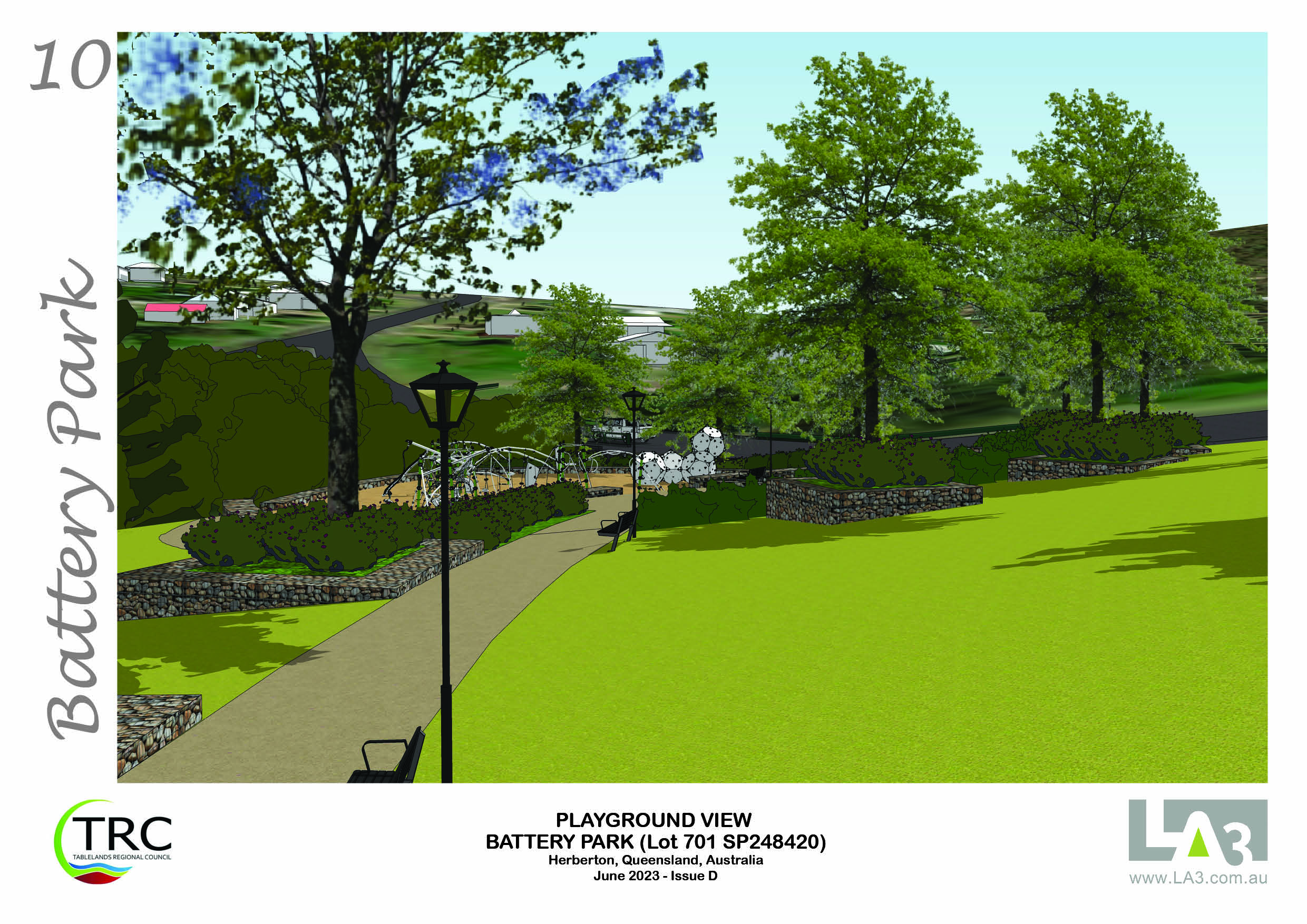 An artist impression of Herberton Battery Park including a path, landscaping and a playground