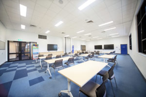 Desks and chairs set up in Atherton Coordination Centre
