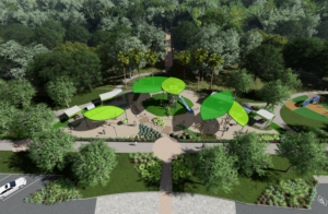 Priors Creek Development with playground, bridge and landscaping.